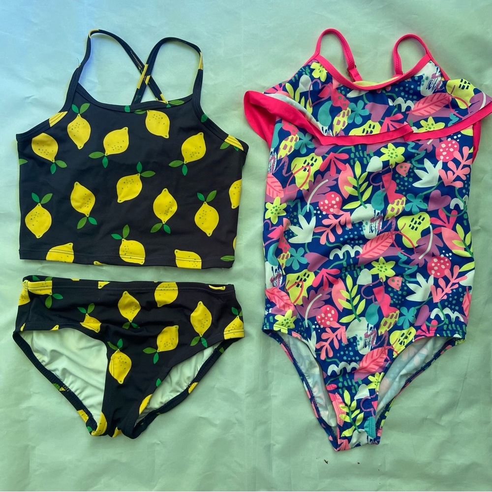 Two swimsuits hanna andersson 140 size 10 and lands end lemons and floral